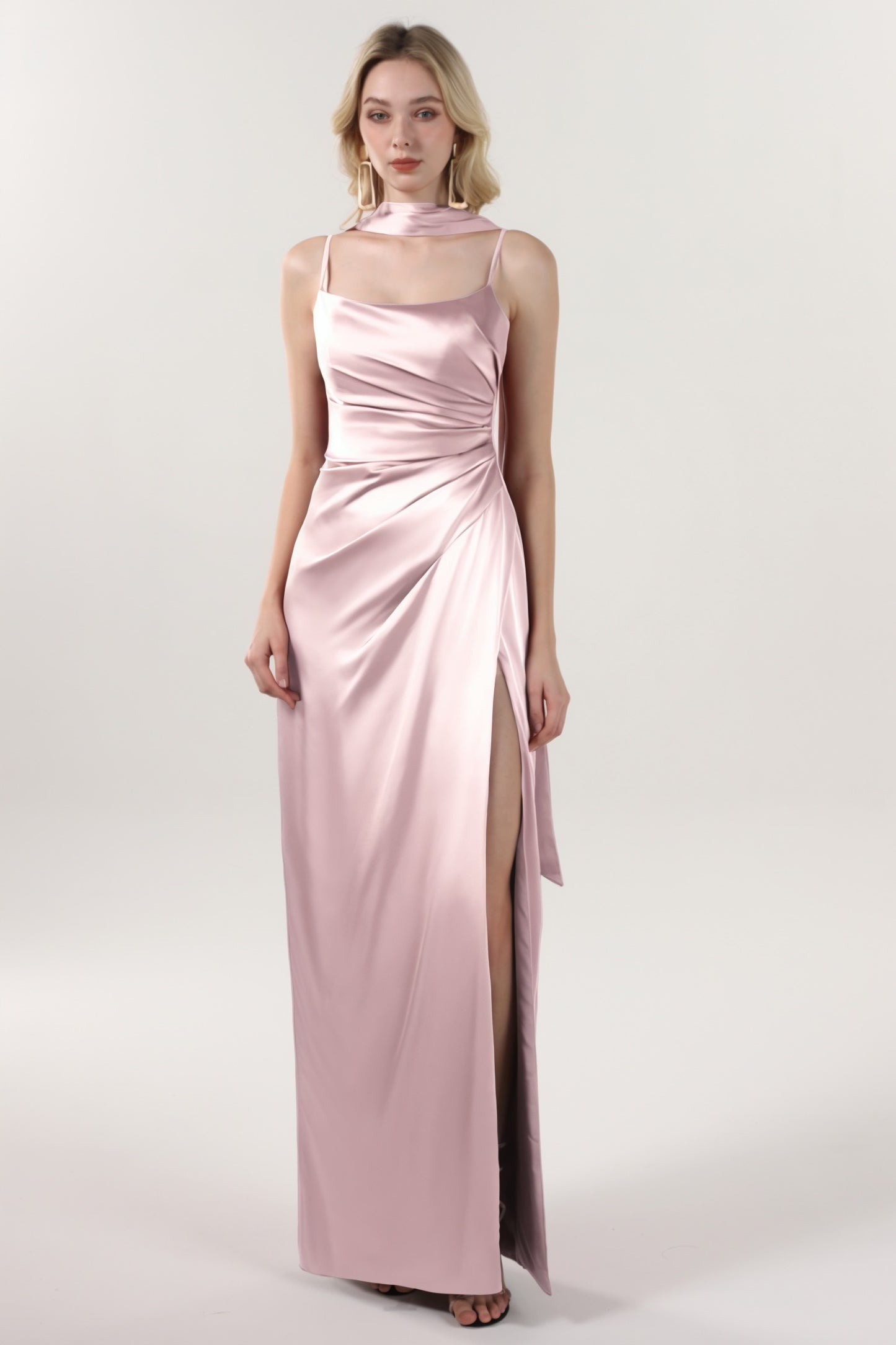 Sheath-Column Maxi Luxe Satin Bridesmaid Dress CS0599BM