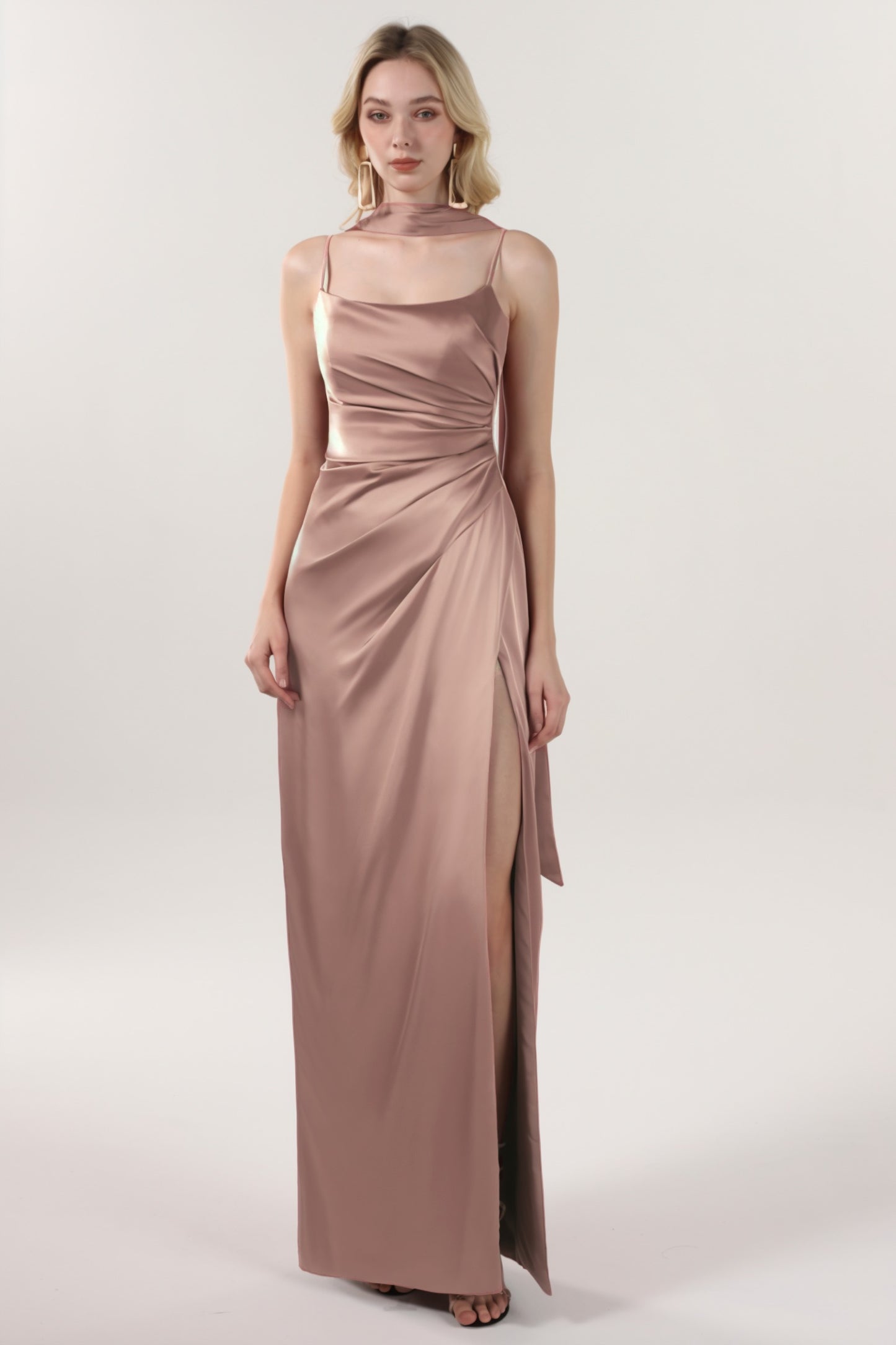 Sheath-Column Maxi Luxe Satin Bridesmaid Dress CS0599BM