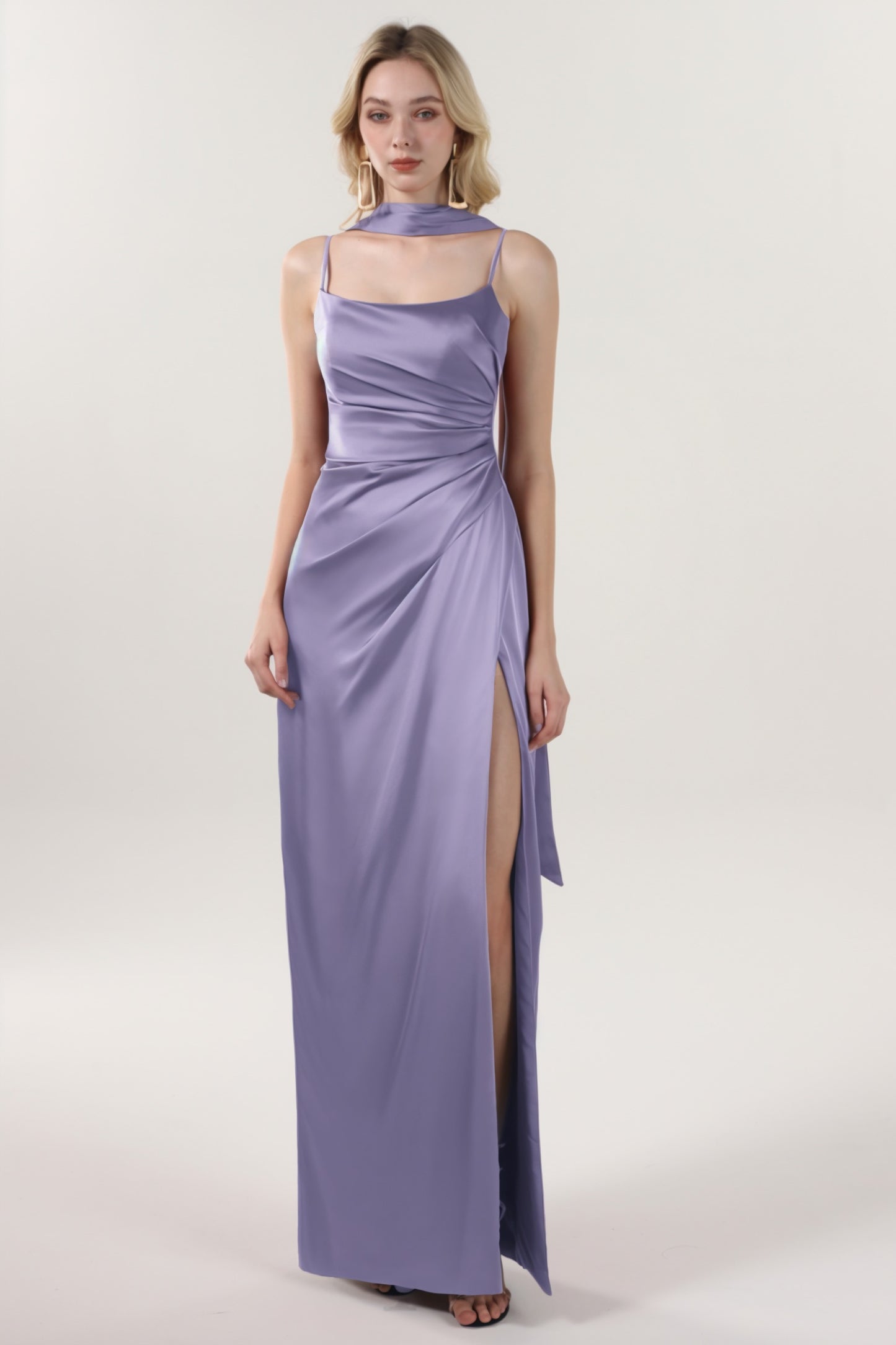 Sheath-Column Maxi Luxe Satin Bridesmaid Dress CS0599BM