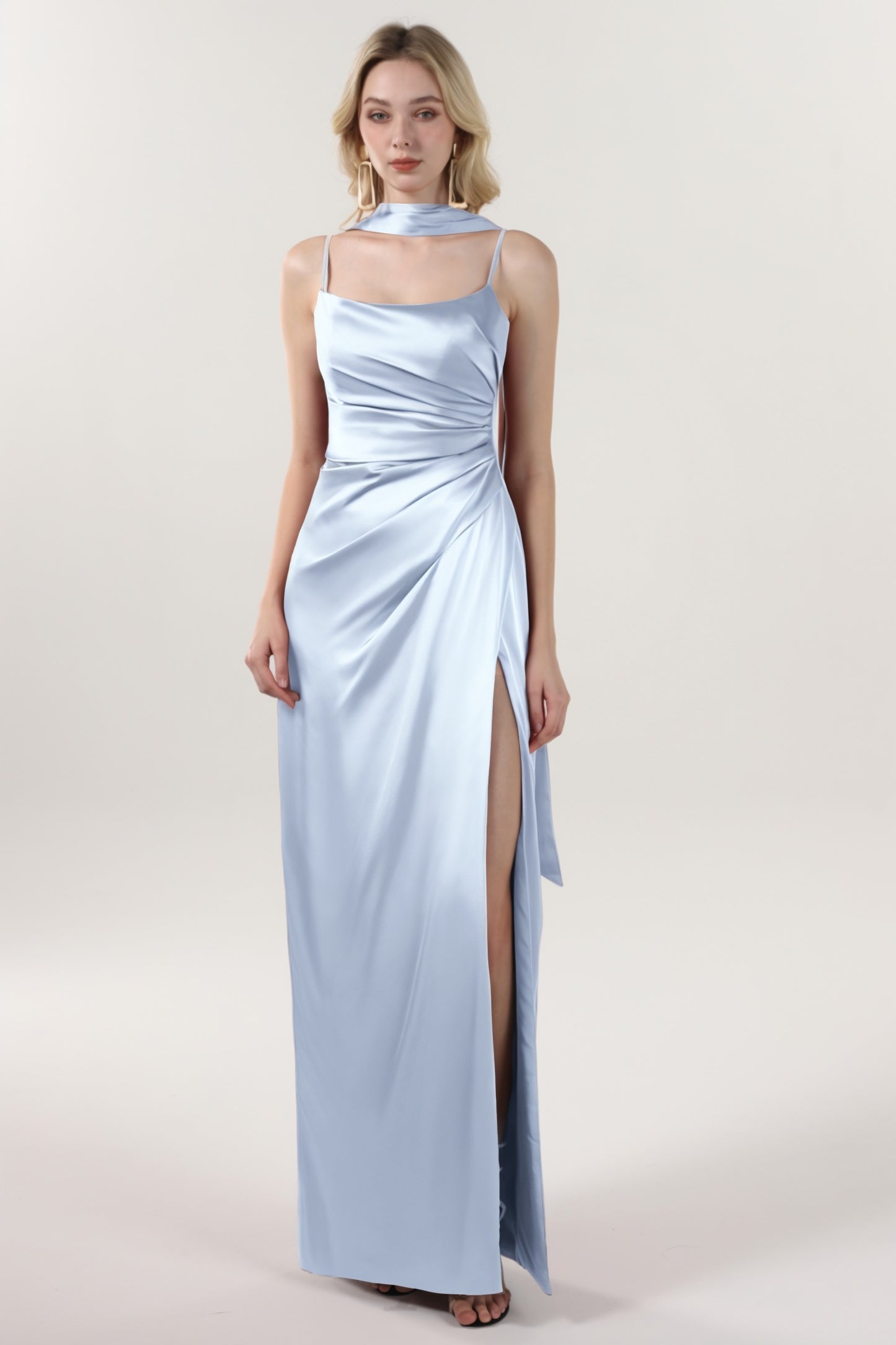 Sheath-Column Maxi Luxe Satin Bridesmaid Dress CS0599BM