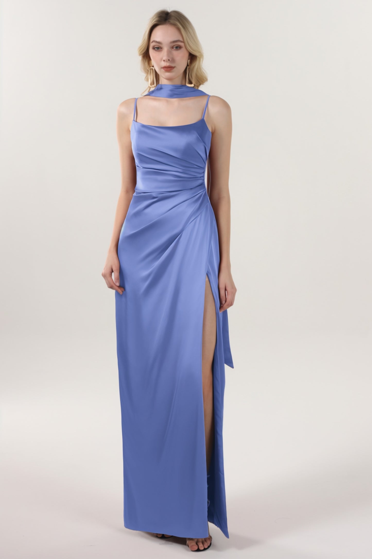 Sheath-Column Maxi Luxe Satin Bridesmaid Dress CS0599BM