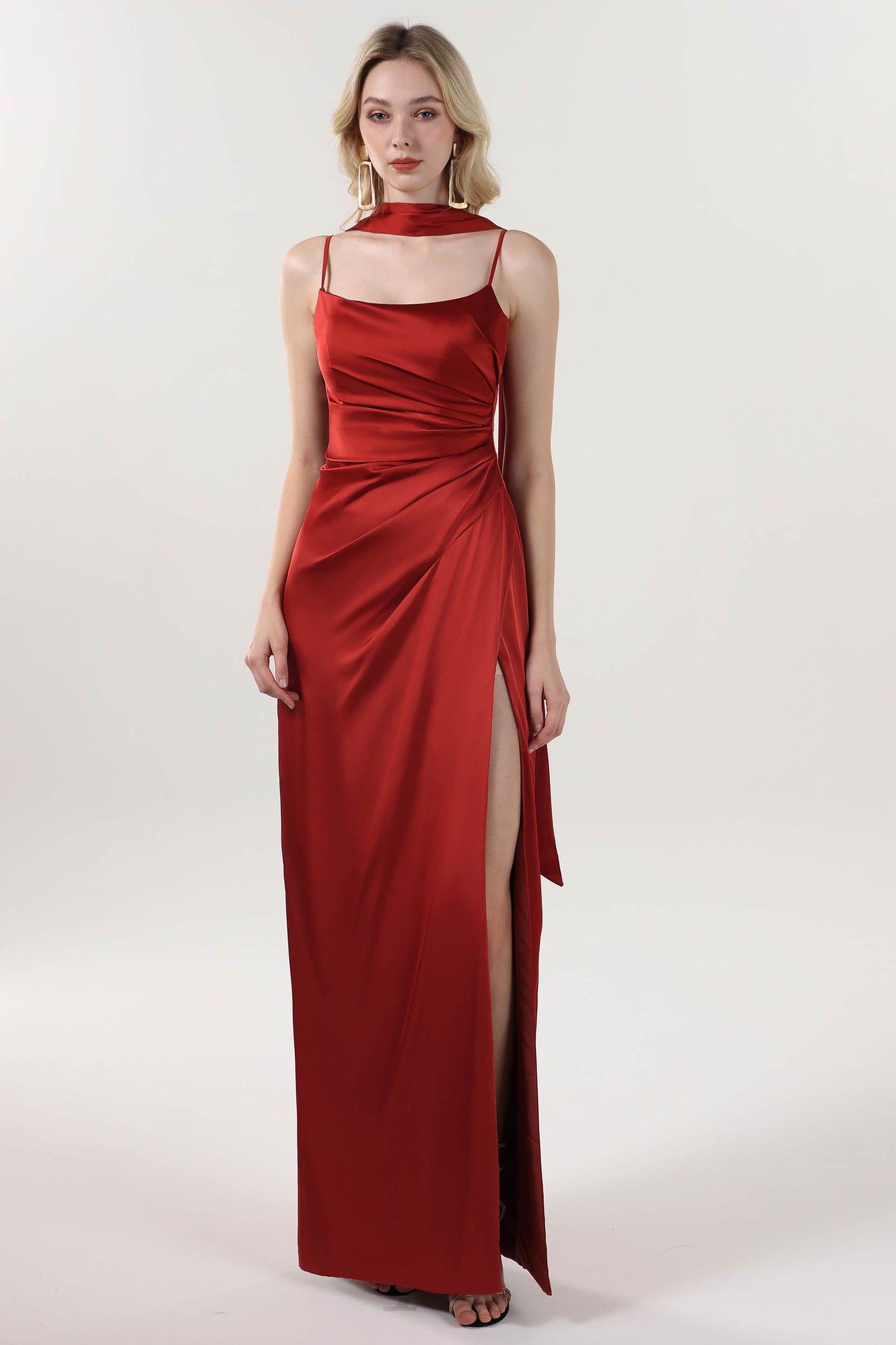 Sheath-Column Maxi Luxe Satin Bridesmaid Dress CS0599BM