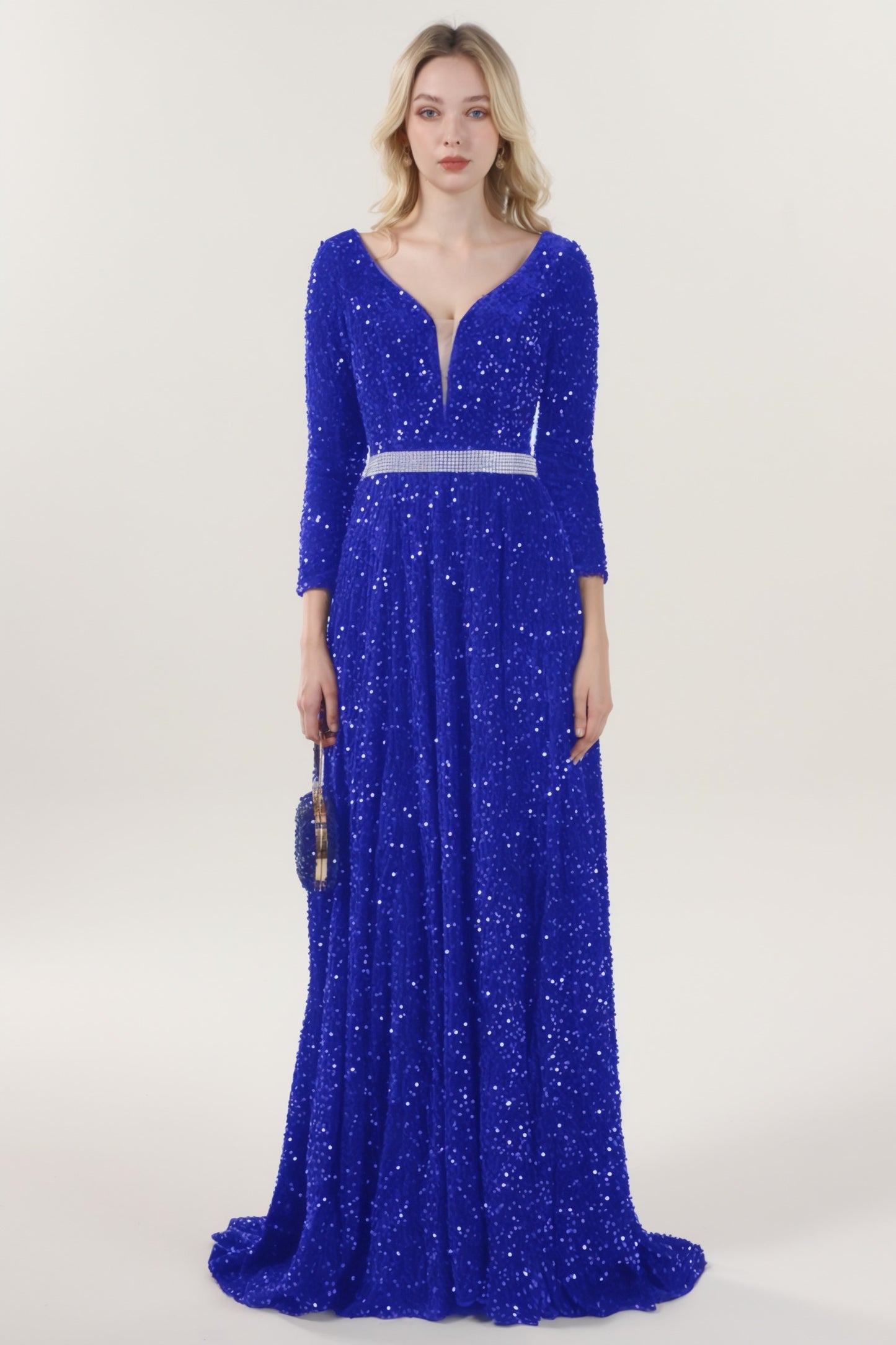 A-Line Sweep-Brush Train Velvet Sequin Formal Dress CS0636