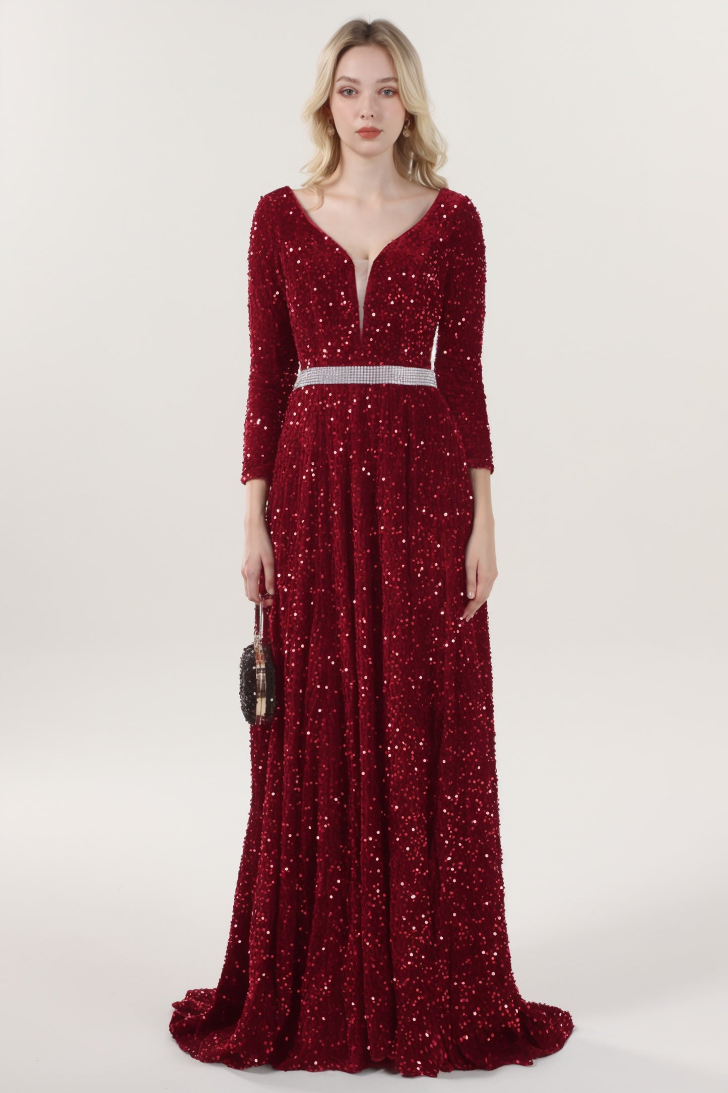 A-Line Sweep-Brush Train Velvet Sequin Bridesmaid Dress CS0636BM