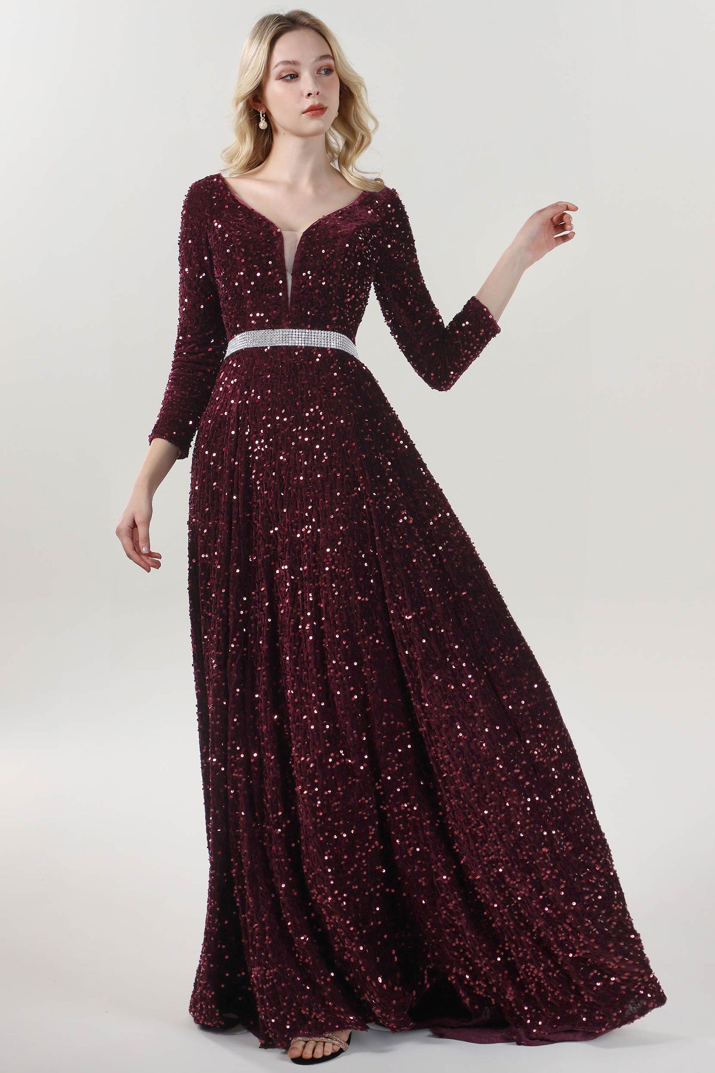 A-Line Sweep-Brush Train Velvet Sequin Formal Dress CS0636