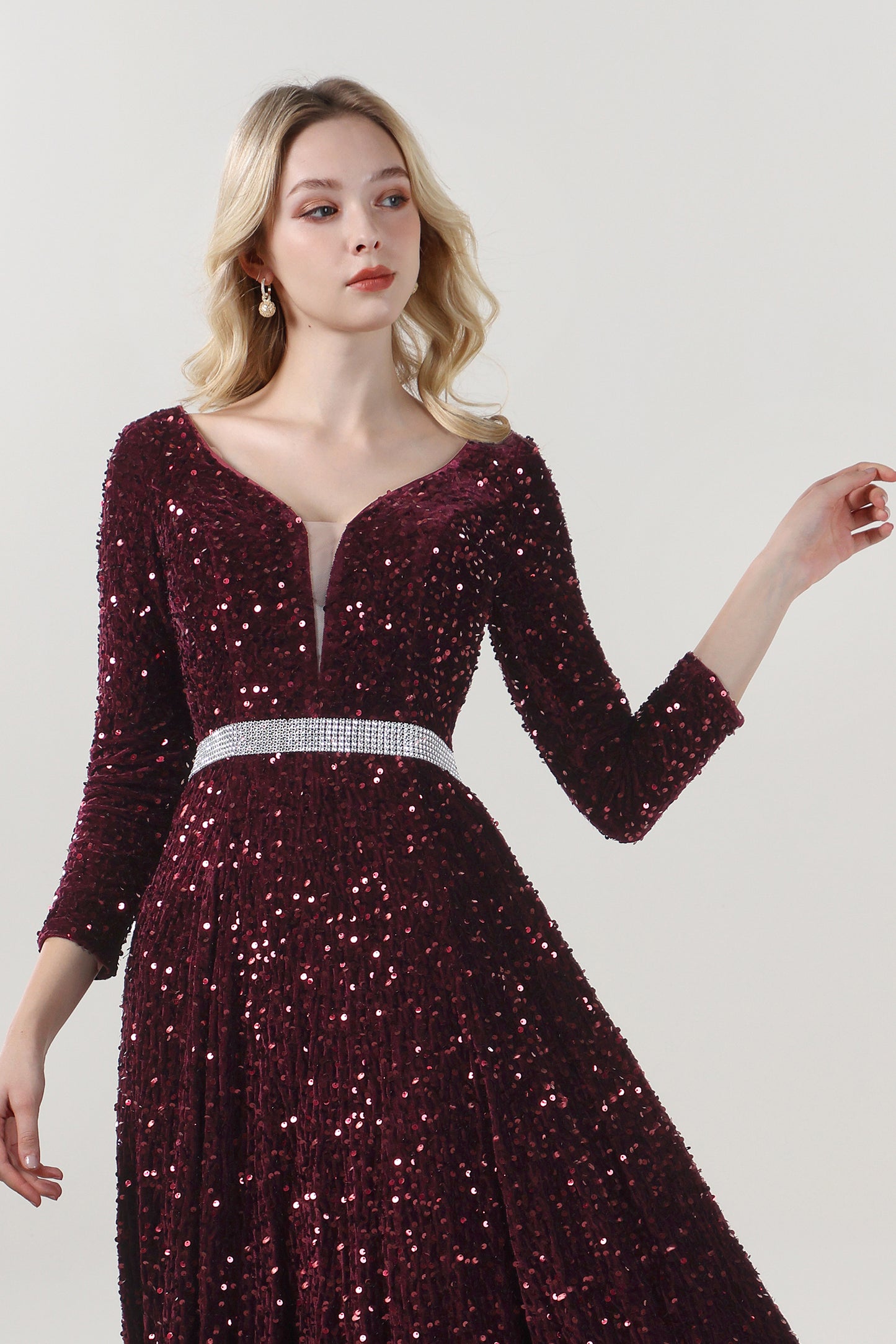 A-Line Sweep-Brush Train Velvet Sequin Formal Dress CS0636