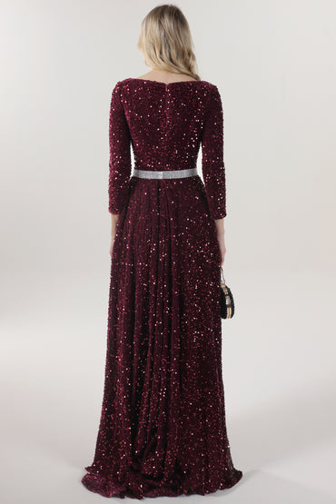 A-Line Sweep-Brush Train Velvet Sequin Formal Dress CS0636