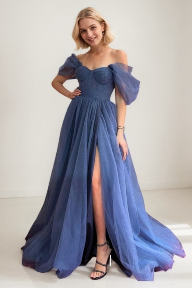 A-Line Sweep-Brush Train Tulle Prom Dress CS0705