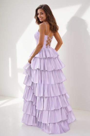 V-Neck A-Line Tiered Silk Like Satin Prom Dresses CS0718