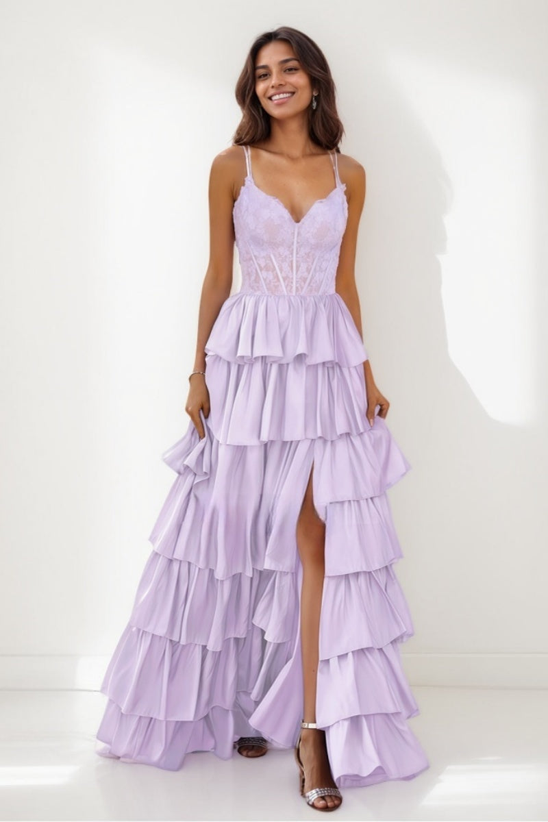 V-Neck A-Line Tiered Silk Like Satin Prom Dresses CS0718