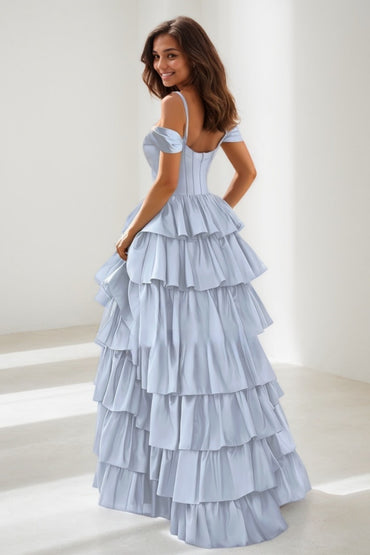 Dreamy Tiered A-Line High Split Silk Like Satin Prom Dresses CS0720