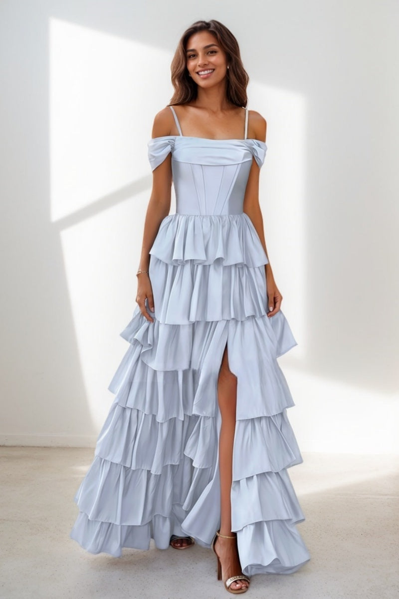 Dreamy Tiered A-Line High Split Silk Like Satin Prom Dresses CS0720