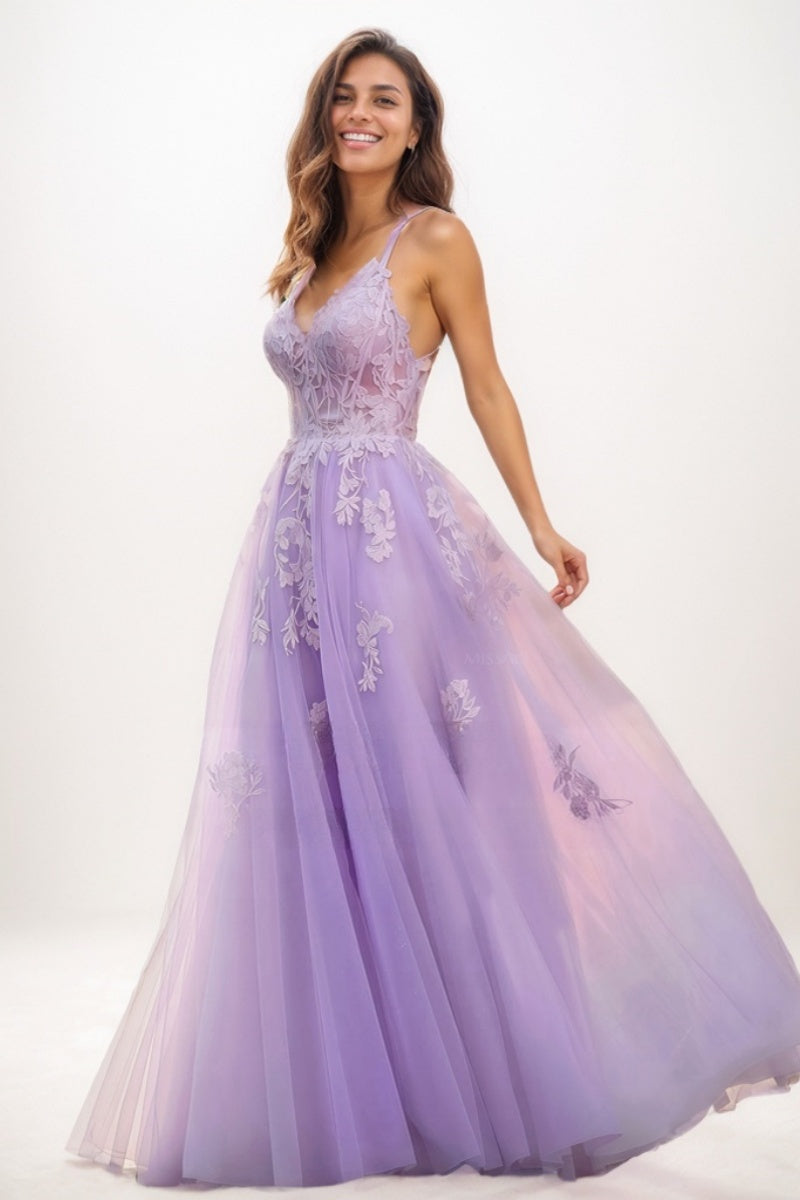 Lace V-Neck Corset A-Line Floor-Length Tulle Prom Dresses CS0723