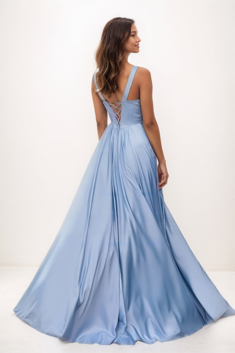 V-Neck Sleeveless A-Line Sweep Train Satin Prom Dresses CS0724