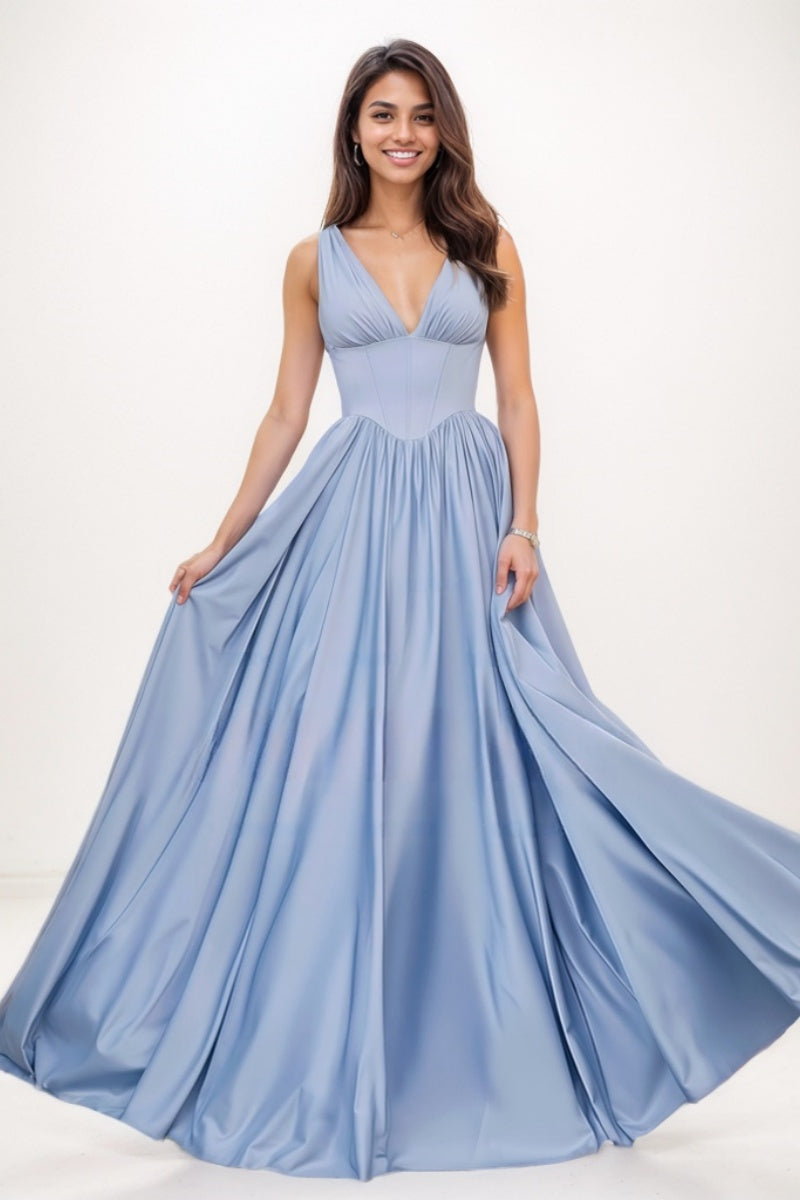 V-Neck Sleeveless A-Line Sweep Train Satin Prom Dresses CS0724