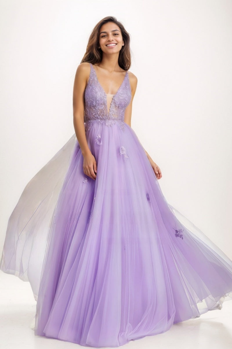 V-Neck A-Line Floor-Length Lace/Tulle Prom Dresses CS0725