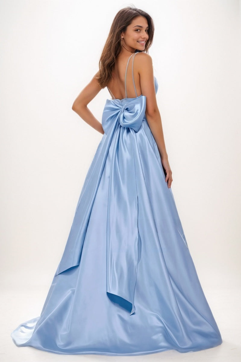 V-Neck A-Line Sweep Train Satin Prom Dresses With Bow(s) CS0727