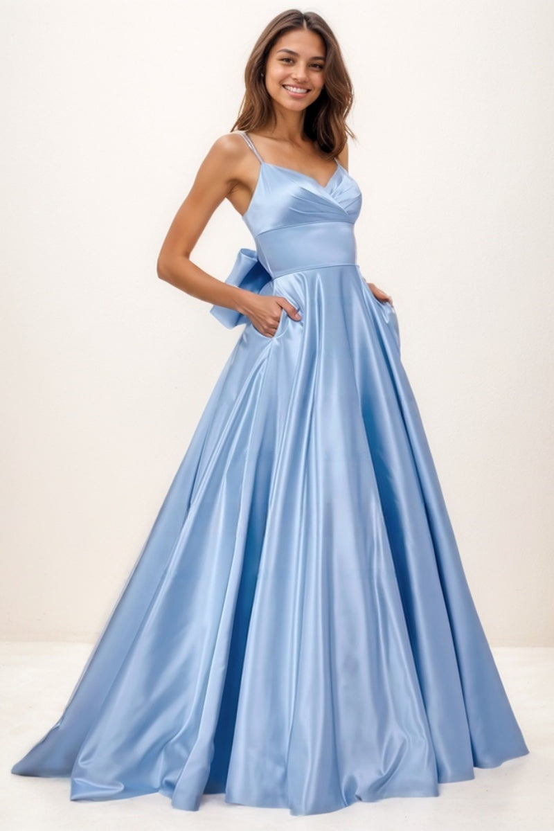 V-Neck A-Line Sweep Train Satin Prom Dresses With Bow(s) CS0727