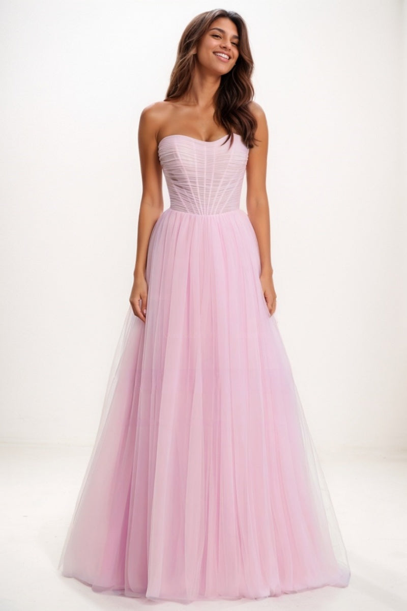 Sweetheart Ruched Illusion Corset A-LineTulle Prom Dresses CS0729