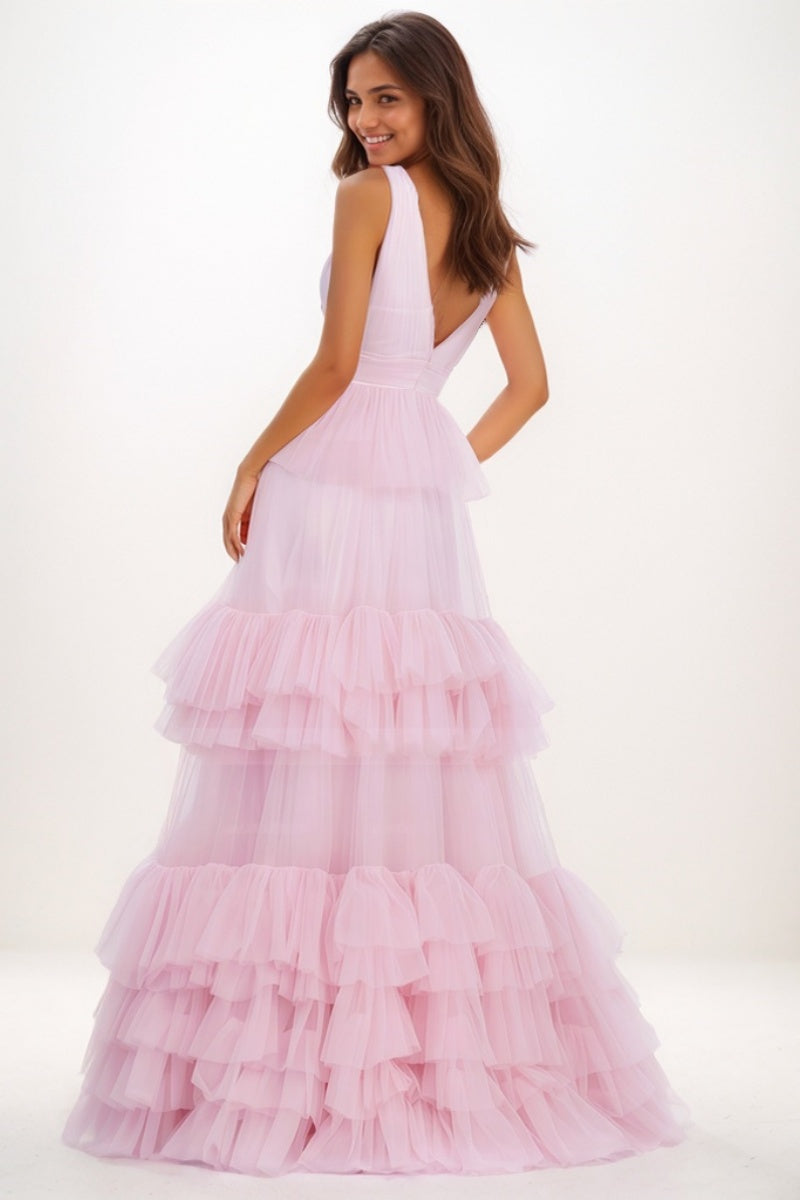 V-Neck A-Line  Floor-Length Tulle Prom Dresses With Ruffle CS0731