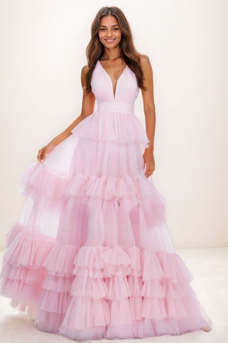 V-Neck A-Line  Floor-Length Tulle Prom Dresses With Ruffle CS0731