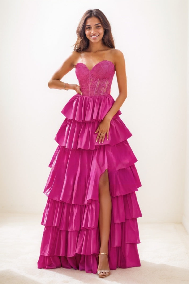 A-Line High Split Tiered Floor-Length Prom Dresses CS0734