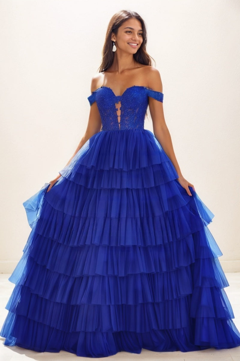 Elegant Off-The-Shoulder A-LineTulle Prom Dresses CS0735