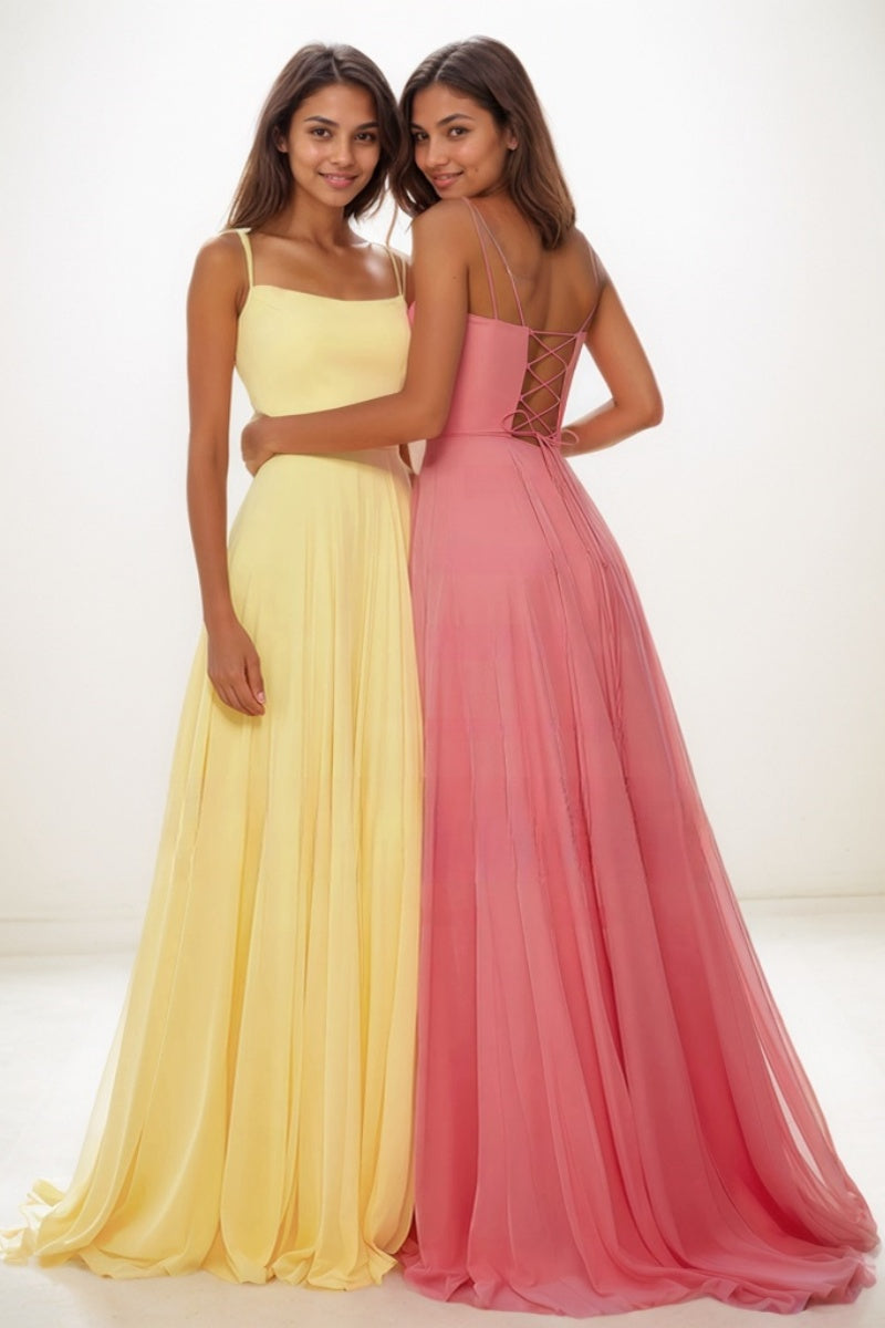 Simple Square Neckline A-Line Sweep Train Tulle Prom Dresses CS0737