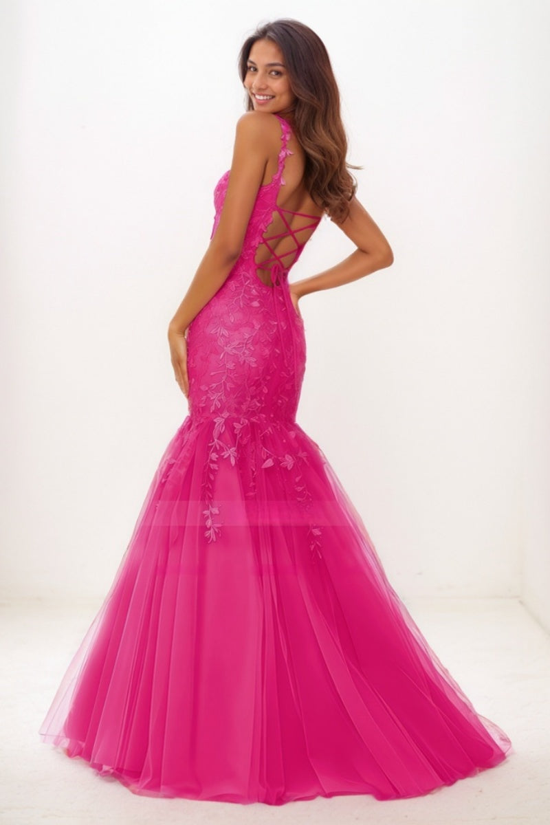 Dreamy Cowl Neck Mermaid Sweep Train Lace/Tulle Prom Dresses CS0738