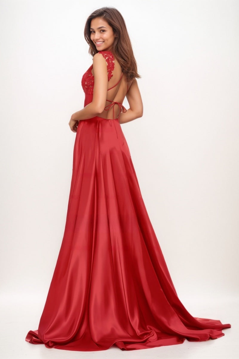 V-Neck A-Line High Split Sweep Train Charmeuse Prom Dresses CS0742