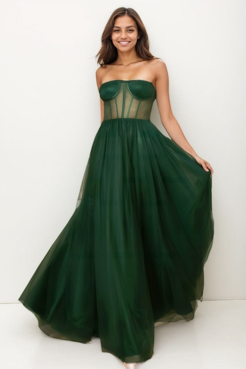 Dreamy Illusion Corset A-Line Floor-Length Tulle Prom Dresses CS0744