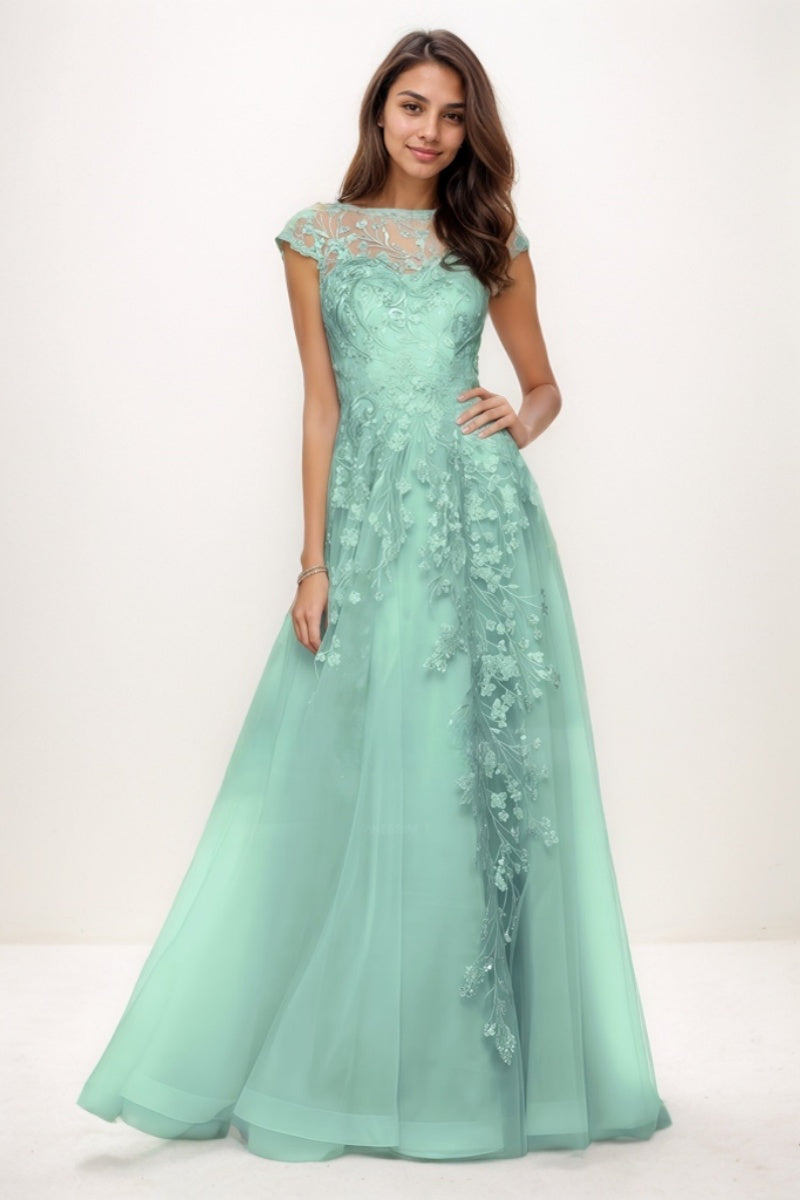 Illusion Neck A-Line Sweep Train Lace/Tulle Prom Dresses CS0747