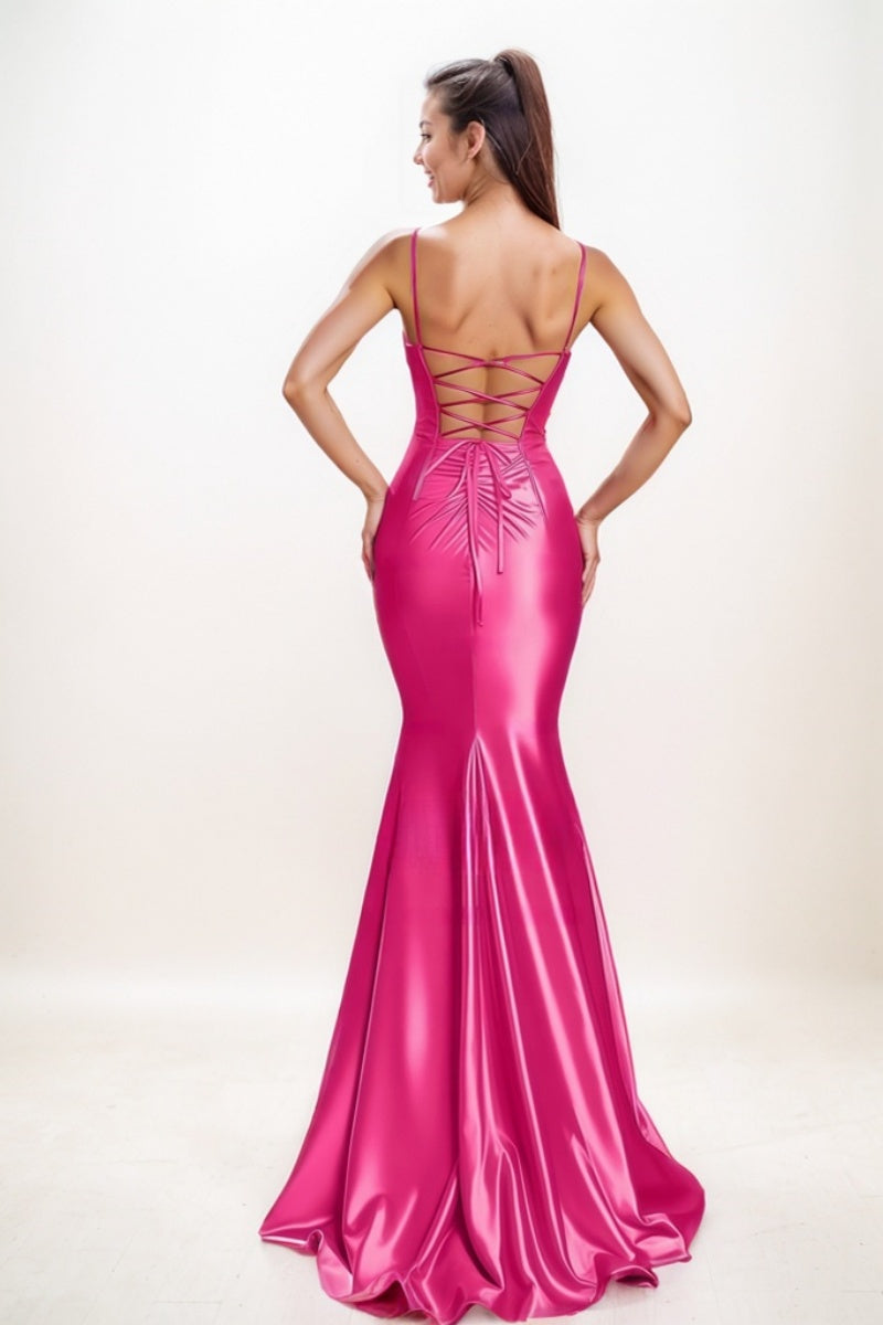 Trumpet Scoop Neck Sleeveless Sweep Train Satin With High Split CS0749