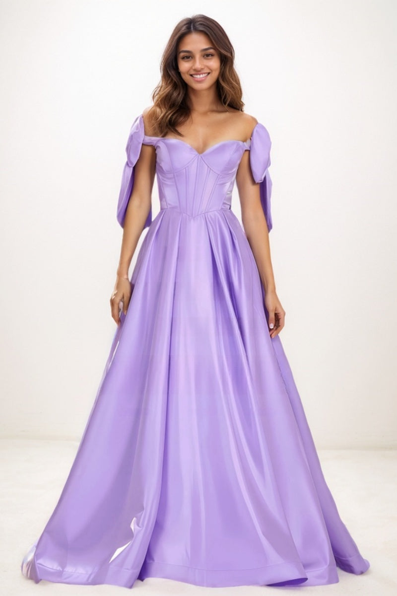 Sweet & Flow A-Line Off-The-Shoulder Satin Prom Dresses CS0750