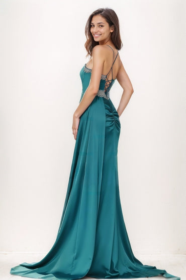 Sparkle V-Neck Acetate Satin Prom Dresses With Sweeping Side Drape CS0751