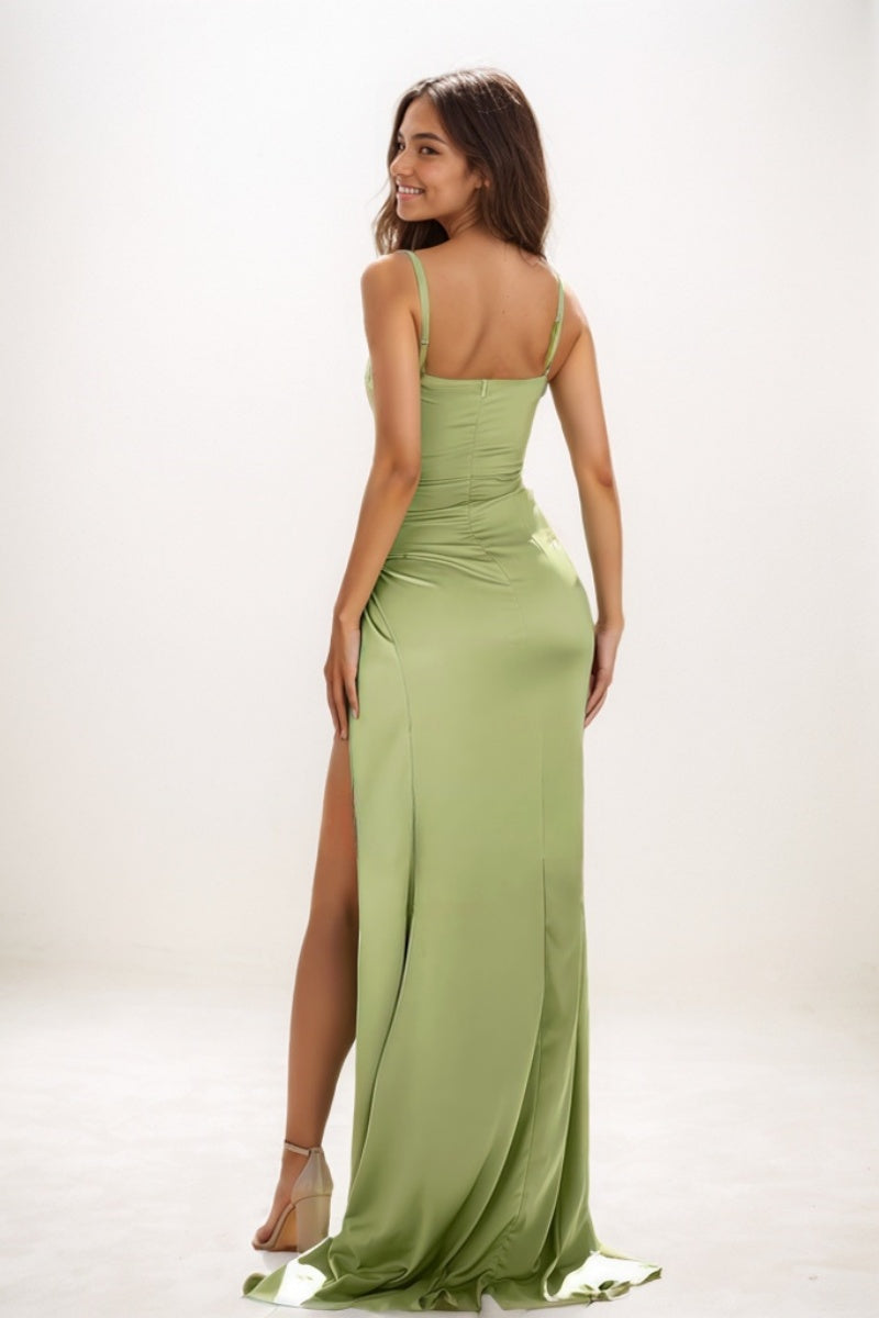 Cowl Neck Silk Like Satin Prom Dresses With High Split CS0753