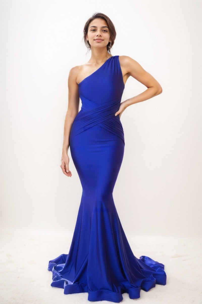 Trumpet One-Shoulder Sleeveless Silk Like Satin Prom Dresses CS0754