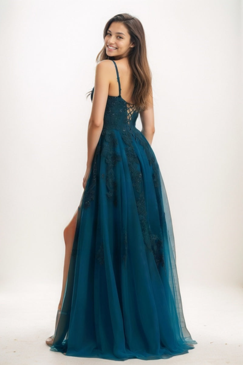 A-Line V-Neck Satin/Tulle Prom Dresses With High Split CS0755