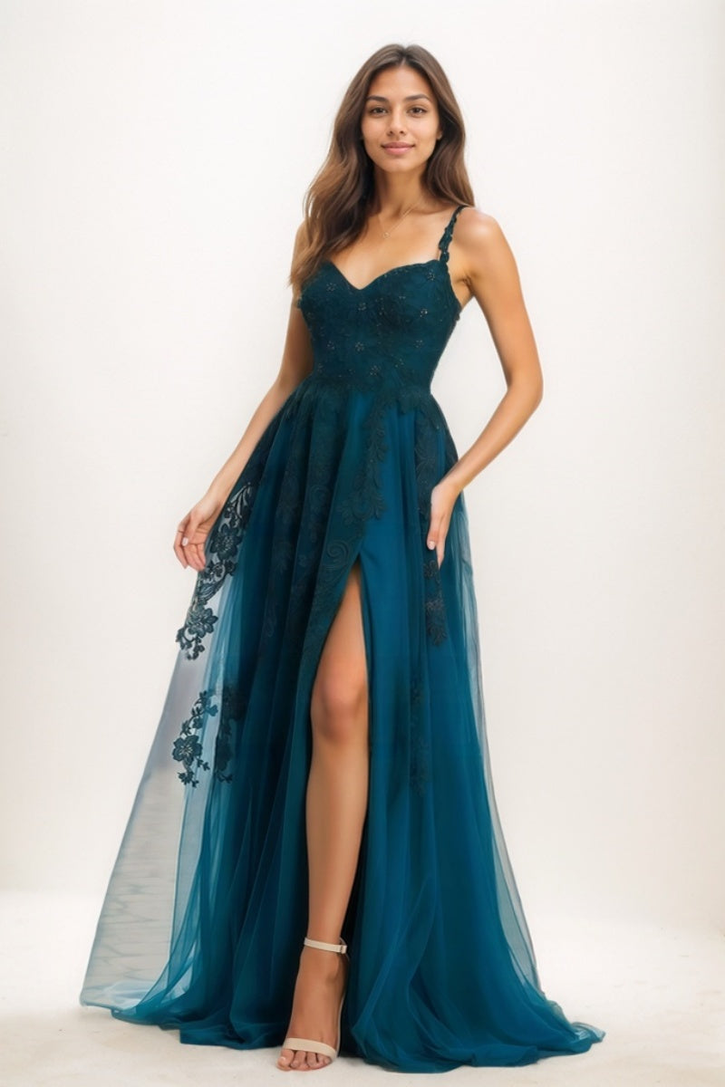 A-Line V-Neck Satin/Tulle Prom Dresses With High Split CS0755