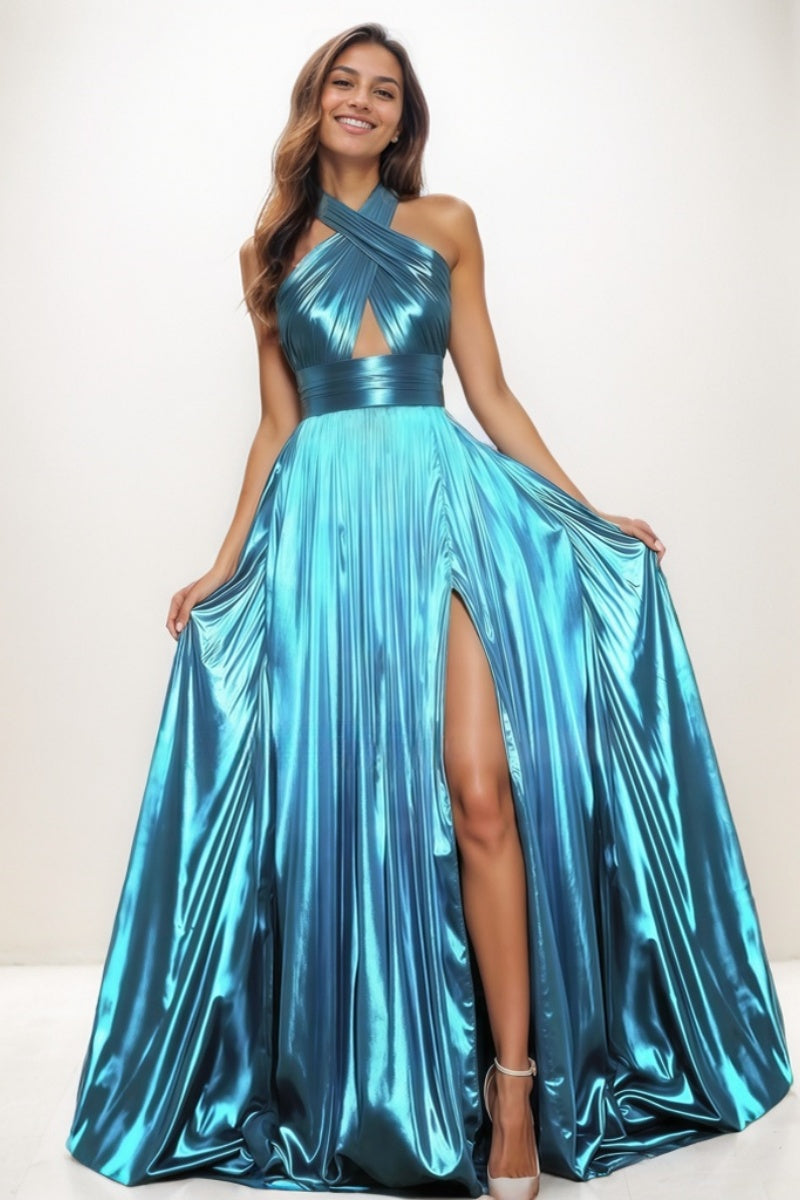 A-Line Halter Sleeveless Outcut Prom Dresses With High Split CS0756