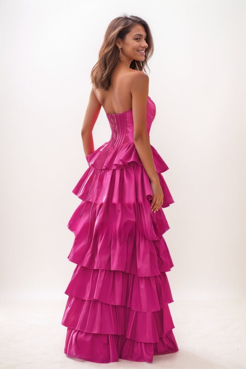 Princess Ball Gown Charmeuse Prom Dresses With Tiered Skirt CS0757