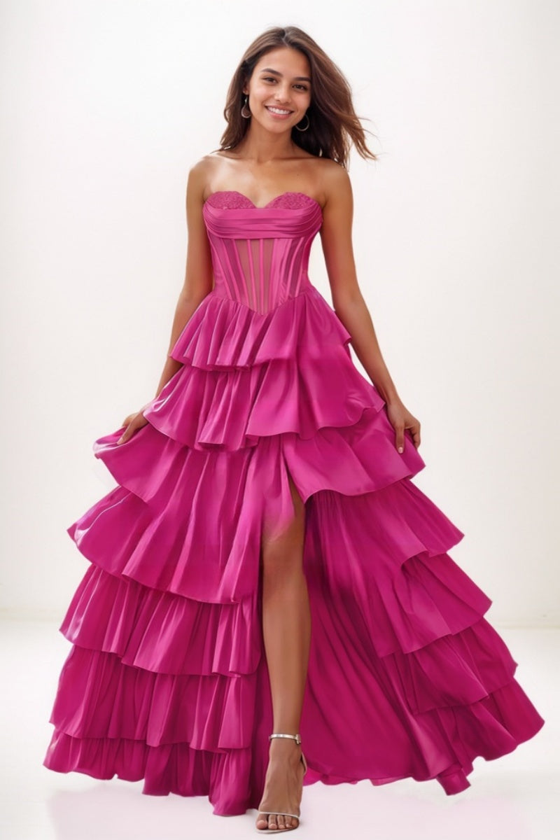 Princess Ball Gown Charmeuse Prom Dresses With Tiered Skirt CS0757