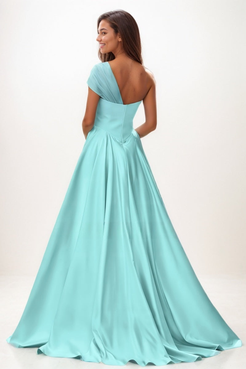 Whimsical A-Line One-Shoulder Satin Prom Dresses CS0761