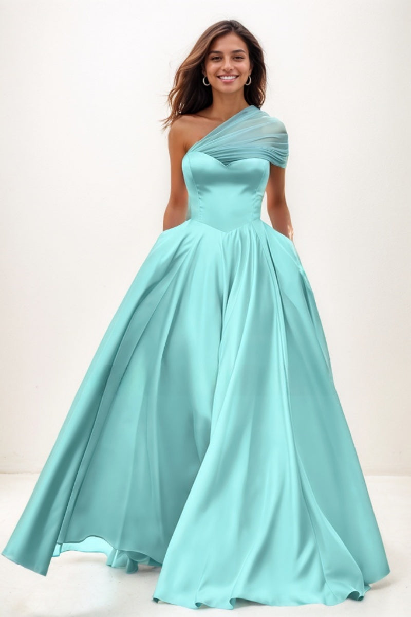 Whimsical A-Line One-Shoulder Satin Prom Dresses CS0761