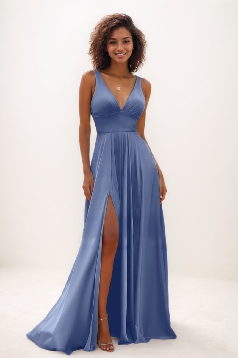 Modest A-Line Silk Like Satin Prom Dresses With High Split CS0766