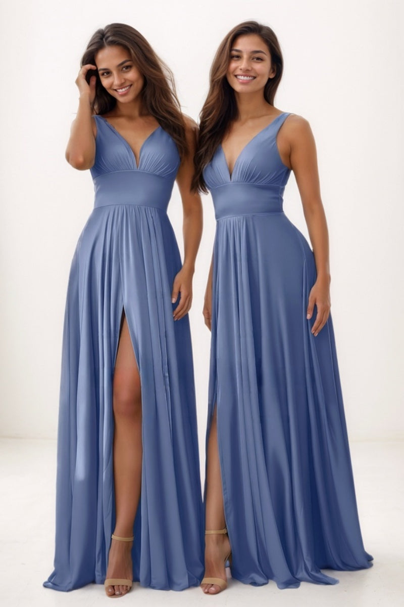 Modest A-Line Silk Like Satin Prom Dresses With High Split CS0766