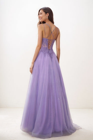 Sweet & Flow V-Neck Satin/Lace/Tulle Prom Dresses CS0769