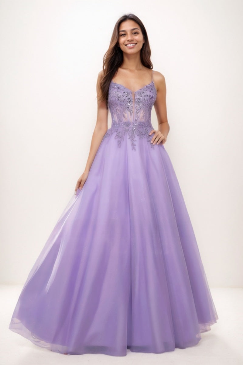 Sweet & Flow V-Neck Satin/Lace/Tulle Prom Dresses CS0769