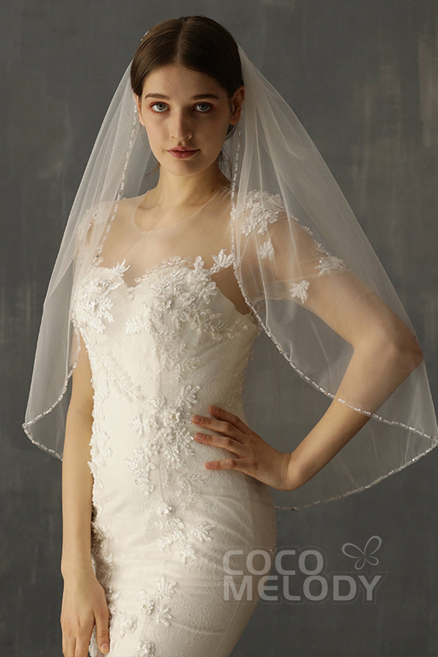 One-tier Beaded Edge Tulle Waist Veils with Beading CV0207