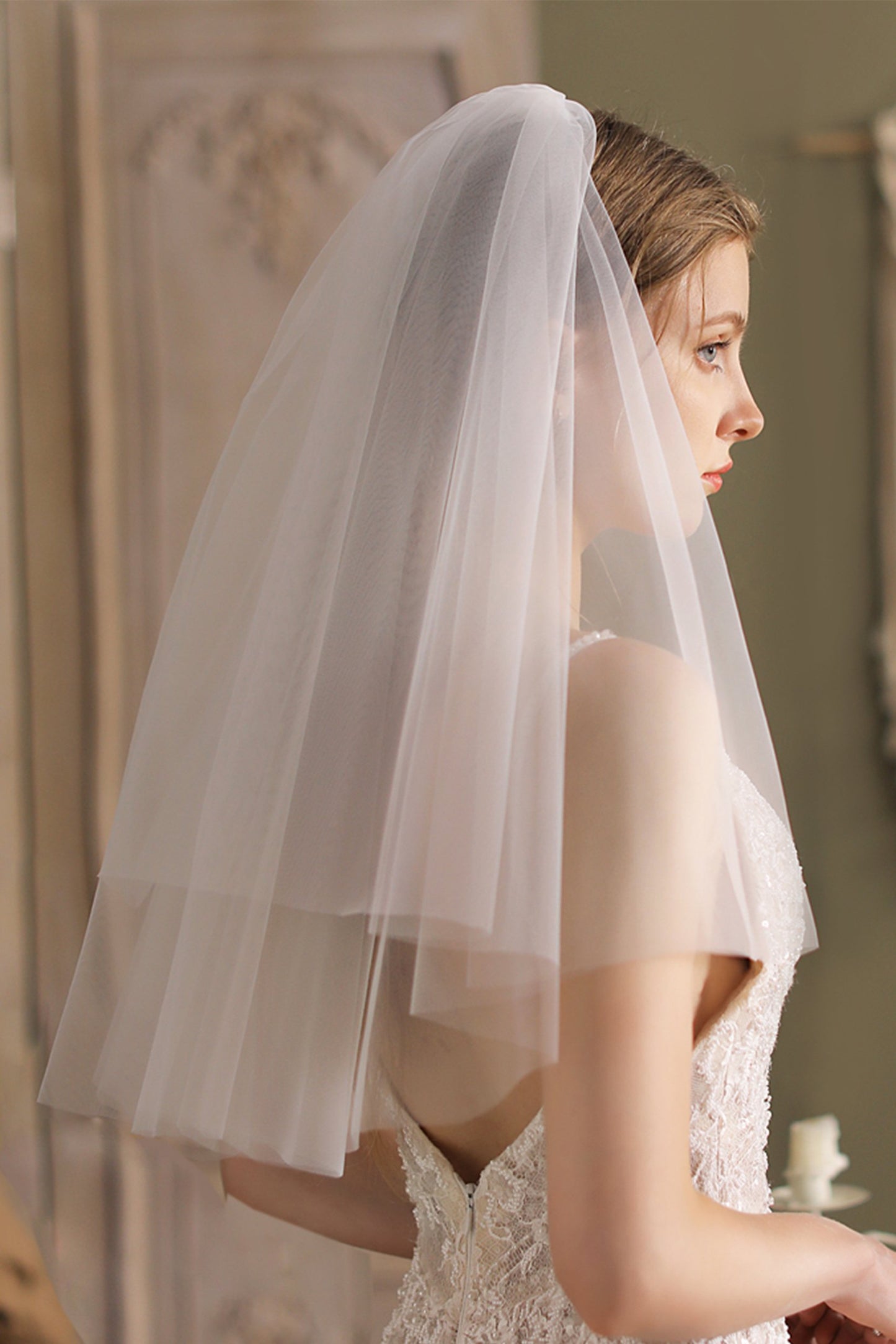 Two-tier Cut Edge Tulle Elbow Veils CV0260